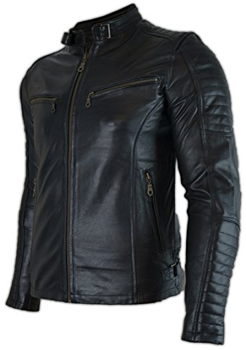 MDM Motorrad Leder Jacke mit Protektoren, Gesteppte Schultern, Schwarz, Herren, Rindsleder (Gr. 3XL)