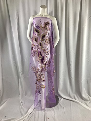 Peacock Feathers Embroider With Sequins And Metallic Tread On Lilac Mesh-2 Panel
