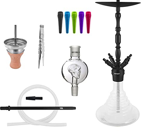 Skynet® Air Shisha Set Hookah 86cm Alu + Zubehör | große Wasserpfeife Komplett Molassefänger Schlauch Tonkopf 100x Hygienemundstück Kaminaufsatz 18/8 Schliff Edelstahl schöne Bowl - Schwarz