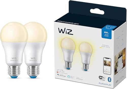WiZ Lampadina Smart WiFi, Luce Bianca Calda Dimmerabile, 2 pezzi, E27, 8W, Tecnologia SpaceSense, Controllo Vocale (Alexa, Apple HomeKit, Google Home)