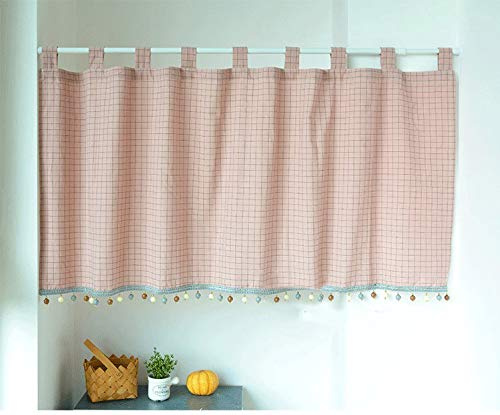 Elegant Schlaufenschal karo Gardine Karierte Küchengardine Bistrogardine | Halbtransparente Bistrogardine mit Kugeln-Kante Landhausstil mit Raffhalter (HxB 50x100cm, pink) 1 Stück