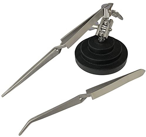 Jewellers Tools 3rd Hand Base Vice & Straight & Curved Steel Tweezer : Adjustable Tweezers Soldering Craft Watch Tool (310)