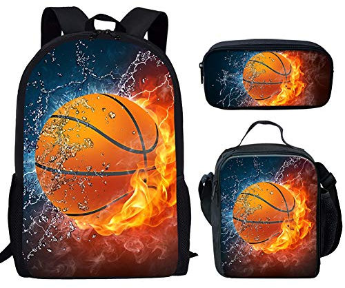 Binienty Schul-Büchertaschen-Set, 3-in-1, Rucksack mit Doppelreißverschluss, Lunchbox und Federmäppchen für Kinder, Jungen und Mädchen, Basketball (Mehrfarbig) - CGK