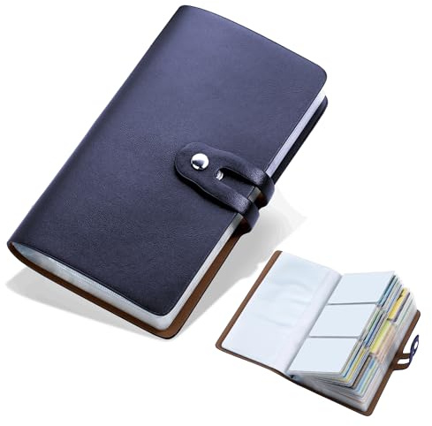 angimi Leather Business Card Organizer, RFID Blocking Credit Card Holder, Professional Business Card Holder and Name Card Book, Credit Card Protector - Holds 96 Cards (Blue)
