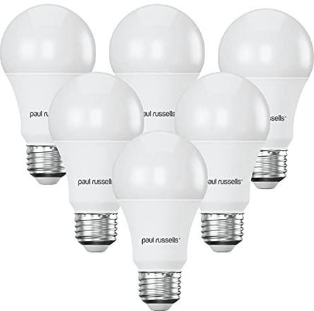 paul russells E27 Edison Screw LED Light, 13W = 100W Equivalent Bulbs, 1521 Lumens, 4000K Standard ES A60 LED GLS, Natural Large Energy Saving Non-Dimmable Lightbulbs, Cool White Frosted, 6 Pack