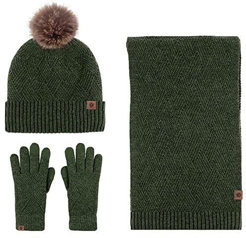 Anopo Damen Winter Set Beanie Schal Handschuhe | Fleece-Innenfutter, Winddicht, 3-teilig, Weicher Bommel, Touchscreen Handschuhe