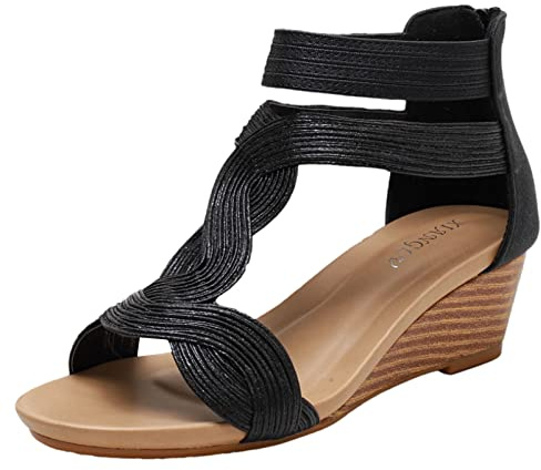 rismart Sandales Compensées D'été pour Femmes Peep Toe T-Strap Fermeture éclair Arrière Mode Chaussures Romaines Noir, 38 EU