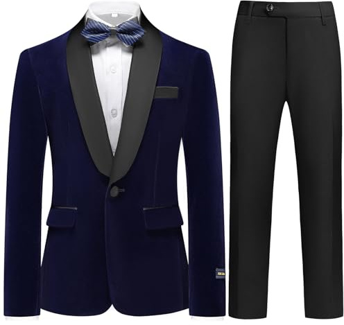 Boys Velvet Suits Slim Fit Tuxedo 2 Piece Kids Blazer Jacket Pants Formal Sizes 10 Fashion Ring Bearer Outfit for Wedding Navy