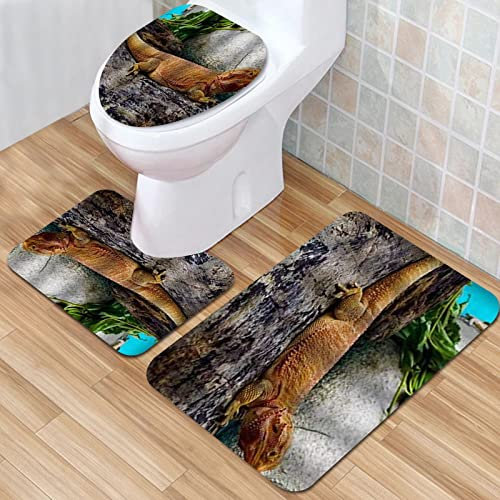 IUBBKI Badezimmermatte, rutschfeste Badematte, Eidechse auf riesigem Holz, Bartagame, Wildtiere, Badematten-Set, 3-teilig, saugfähig, rutschfest, Badematte, WC-Vorleger, Badteppich für Badezimmer,