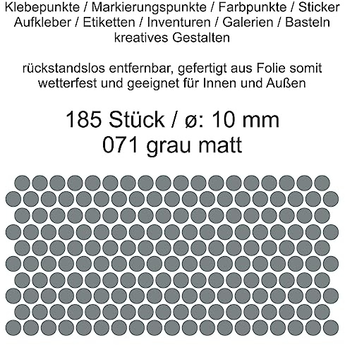Aufkleber Etiketten Klebepunkte aus Folie 185 Stück grau matt rund 10 mm selbstklebend farbig wetterfest Decal Markierungen Organisieren DIY basteln verzieren Modellbau Scrapbooking