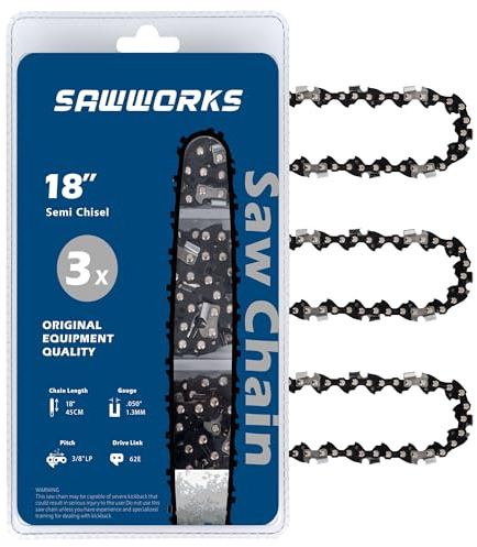 3-Pack 18 Inch Chainsaw Chain, 3/8 LP Pitch .050 Gauge 62 Drive Links Fits EGO CS1800, CS1804, Poulan Pro PR4218, 581562301, Oregon S62, CS1500, DEWALT and More | Replace Dewalt DCCS600, DW01DT618, 3/8 LP Pitch .050 Gauge 62 Drive Links (3 Chains), Semi Chisel