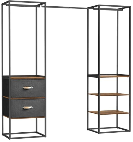 SONGMICS Kleiderständer, offener Kleiderschrank, Garderobenständer hochbelastbar, 1 ausziehbare Stange, 2 Schubladen, 4 Ablagen, für Schlafzimmer, platzsparend, vintagebraun RGR003B01