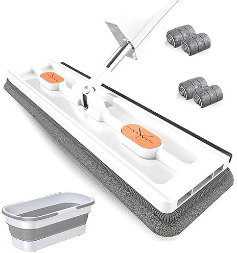 Grande scopa piatta, mocio con giunto girevole a 360°, con funzione strizzatrice, con 4 stracci, colore: bianco