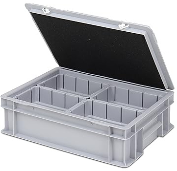 Einsatzkasten Einteilungs-Set für Eurobehälter, Schubladen mit Innenmaß 362x262 mm (LxB), 102 mm hoch, verschiedene Größen/Farben (4er Set inkl. Box + Deckel, grau)