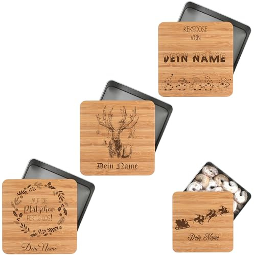 die-veredler Personalisierte Keksdose mit Namen Stollenbox Metalldose für Christstollen mit Wunschnamen persönliches Geschenk für Weihnachten Plätzchendose Weihnachtskekse (Quadratisch 1450ml)