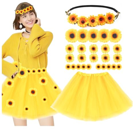 ChicOasis Damen Sonnenblumen Kostüm Tütü Gelb Tüllrock + Blumenkranz Haarschmuck + 25pcs Sonnenblumen Blüten-Köpfe für Fasching Karneval Motto Cosplay Party