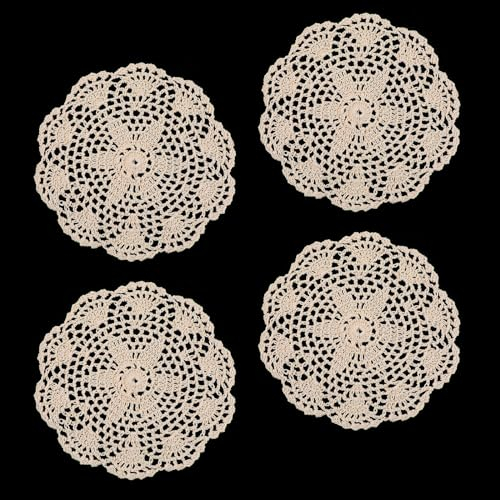 4 Stück Gestickte Tischläufer Vintage Häkel Deckchen Beige Spitzendeckchen Rund Baumwolle Spitze Tischsets 20 cm Gestrickte Tischdecke Kleine Häkeln Handgemacht Untersetzer für Küche Esszimmer,20cm
