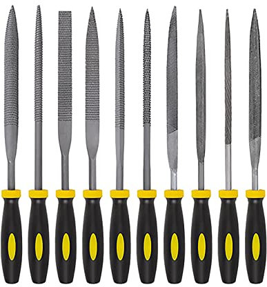 Juegos de herramientas manuales, juego de limas de aguja de 10 piezas, kit de limas de acero al carbono con mango, juegos de herramientas de escofinas de madera y metal for metal, carpintería, vidrio,