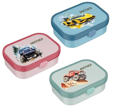 wolga-kreativ Mepal Campus Brotdose Kinder mit Fächern - Personalisierte Lunchbox mit Namen für Schule, Kindergarten und Einschulung - Motiv Auto Rennwagen - Brotbüchse mit Unterteilung Kinder