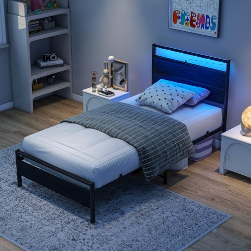 BORPHOM Marco de cama de madera con estación de carga y LED, cama de metal, 90 x 200 cm, cama individual de 90 x 200 cm, con cabecero y somier de láminas de metal, cama funcional, cama de invitados