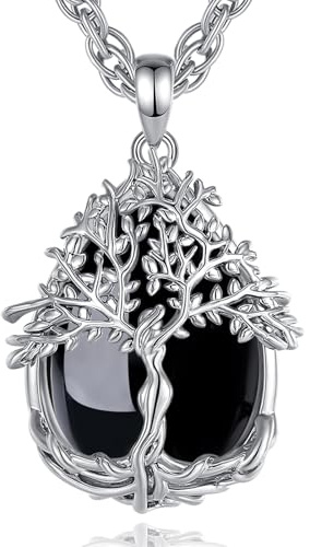 AEONSLOVE Collar Arbol de la Vida para Mujer, Colgante Árbol de la Vida con Piedra Luna Turquesa Collar Amatista Malaquita Obsidiana Piedras Protectoras de Cristal Regalo del Día de la Madre