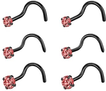 6ixGosh 4-6pcs 20g Nose Rings Studs Surgical Steel Nose Rings CZ L Shaped Corkscrew Nose Ring Studs for Women Men Small Cute Silver Rose Gold Black Nose Rings Stud 1.5mm 2mm 2.5mm 3mm Nostril Piercing jewelry