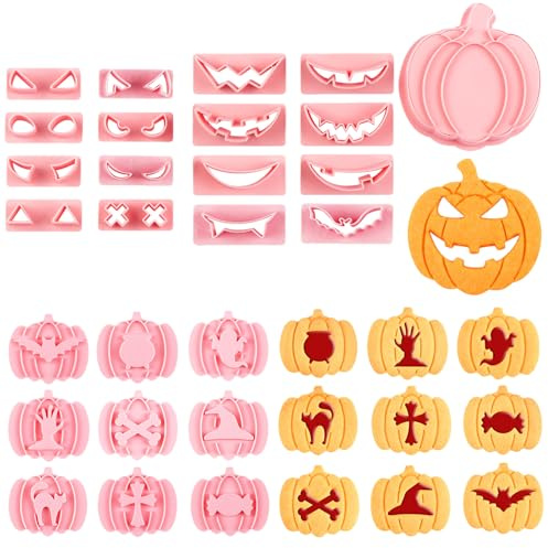 JSTHHTT 26 Piezas Moldes Galletas Halloween, Cortadores de Galletas, Moldes de Plástico 3D, Moldes para Galletas, Galletas para Niños, Calabaza, Murciélago, Gatos