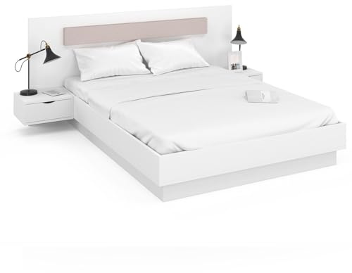 IDMarket - Lit Double Santa avec tête de lit + Tables de Chevet intégrées et sommier 140 x 190 cm Blanc