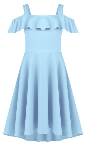 Arshiner Vestiti Estivo per Ragazze Festa Blu Senza Spalle Abiti per Bambini Adolescenti Scuola con Volant Casual con Tasca 14-15 Anni