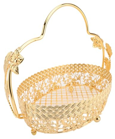 Gold Servierschale, 18×22×28cm Europäischen Stil Metall Fruchtschale mit Griff, Vintage Obst Snack Tablett Dekorative Servierkorb für Tee, Kaffee, Wein, Obst, Kuchen
