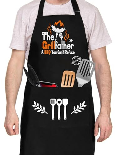 BBQ Grill Apron for Men, Funny Cooking Aprons with Pockets, Adjustable Chef Apron, Birthday, Thanksgiving, Christmas Retirement Gifts for Men, Husband, Dad, Grandad, Grandpa(The Grill Father)