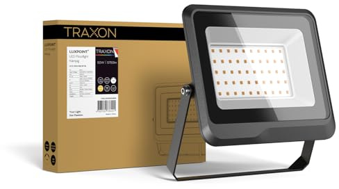 TRAXON LUXPOINT Floodlight LED - Kämpig Foco Proyector Negro exterior 50W 3000K 110Lm/W, Aluminio Protección IK08 Resistente Agua IP65 (Luz cálida 3000K 50W | Negro)