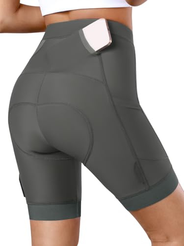 BERGRISAR Pantalones cortos de ciclismo acolchados 4D para mujer con 3 bolsillos, pantalones cortos de ciclismo, Gris oscuro, M