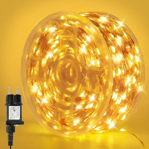 Bowfar Lichterkette aus Kupferdraht 100M 1000LED Warmweiß Lichterkette Innen mit Stecker und Memory-Funktion, Wasserdicht Lichterkette Draht Strombetrieben für Außen Weihnachten Hochzeit Garten Party