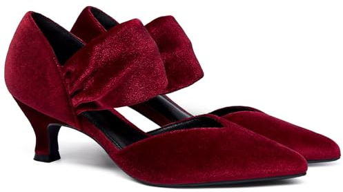 Coutgo Womens Low Kitten Heel Dress Shoes Pointed Toe Slip on Ankle Strap Cutout Elegant Party Wedding Pumps, Velvet Red, 6 UK