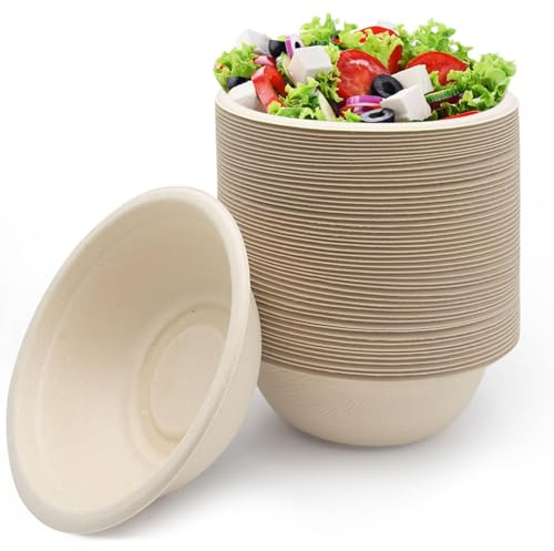 Rynvarl 50 Zuckerrohr Schalen 350 ml – Einweg Suppenschalen aus Bagasse, Biologisch Abbaubar & Kompostierbar – Auslaufsicher, Für Heiß & Kalt – Einwegschalen für Suppe, Salat, Dessert – Natur