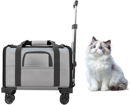 Haustier-Transporttasche mit Rädern – weiche Seite mit Rollen für Hunde mit Teleskopgriff, zusammenklappbare Rolltasche für große Katzen, kleine, mittelgroße Hunde, für Camping, Tierarzt, Besuch, Grau