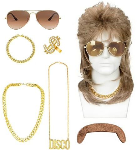 7PCS Perücke 80er 90er Jahre Outfit Accessoires Herren-Blond Perücken Mit Goldkette, Sonnenbrille,Schnurrbart,Goldring,Männer Karneval Fasching Perücke Faschingskostüme Halloween Party Kostüme(braun)
