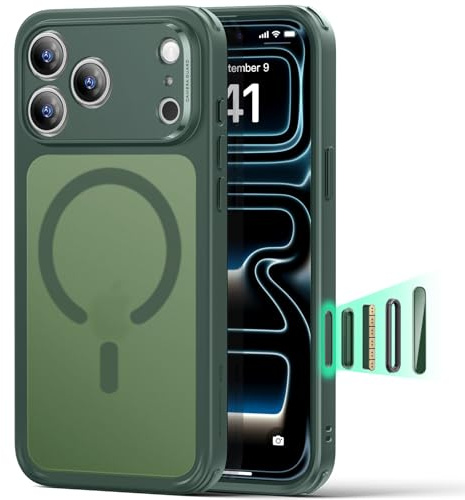 ESR für iPhone 17 Pro Hülle für MagSafe, Kamerasteuerung, Matt Grün | Vergilbungsschutz, Ultraskinny, 3X Militär-Sturzschutz, Magnetische Handyhülle, Stoßdämpfend