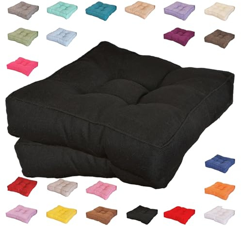 Stuhlkissen 1er/2er/4er Set - 40x40/45x45/50x50 cm | 9 cm Dicke Lounge Cushion | Indoor Outdoor Kissen für Garten, Küche, Café | Bodenkissen Esszimmer Stühle (Schwarz,2er Set 50×50)