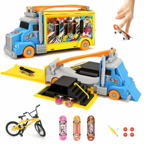 Aolieh Finger Skateboard Ramp Set, 2 in 1 Transforming Truck Fingerboard Skatepark Toy with 3 Mini Finger Skateboards and Finger Bike, Portable Foldable Skate Ramp Playset for Kids Ages 3+