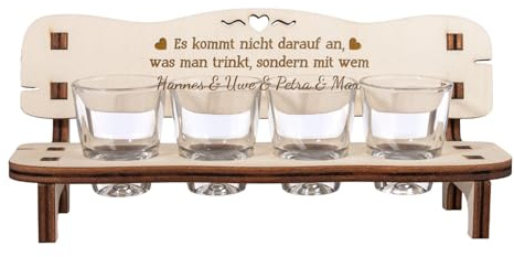 Personalisierte Schnapsbank mit Gravur | inkl. 4 Schnapsgläsern | Lustige Geschenkidee für Freunde Freundinnen | Hochzeitstag Geschenk für ihn sie | Einzugsgeschenk Geburtstagsgeschenk | Trinkspruch