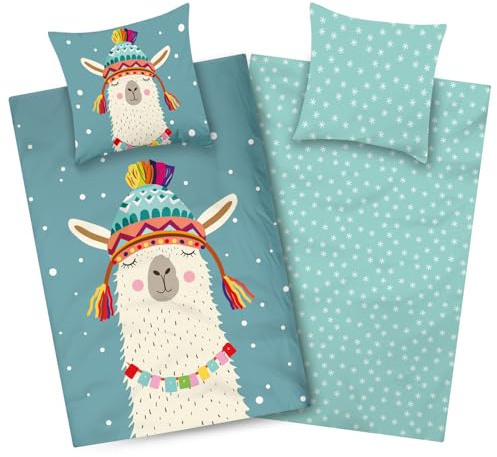 Aminata kids Biber Bettwäsche 135x200 Mädchen Lama 100% Baumwolle | YKK Reißverschluss warm & kuschelig, Flanell-Winter-Bettwäsche-Set - Wendebettwäsche Alpaka-Motiv