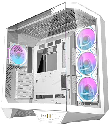 Darkflash DY470 Boîtier PC Gaming ATX avec 4 ventilateurs ARGB PWM, 330 degrés panoramique verre trempé USB 3.1, Type C, blanc