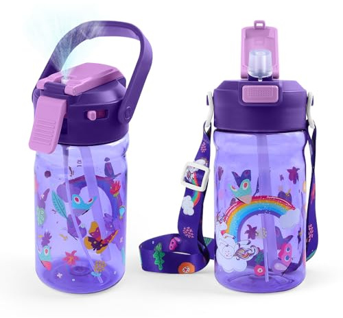 Foyucool 20oz Kids Water Bottle With Straw, Leak-Proof Misting Water Bottle with Secure lock, Pop-Up Spout Cover, Handle & Detachable Strap for School or Travel& Sports, Unicorn