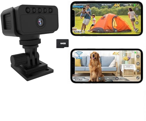 Bextgoo Mini Camara de Vigilancia, 3 Modos: WiFi/Hotspot/Sin WiFi, 4K Camara Espia Sin Internet con Tarjeta TF de 64GB, Visión Nocturna, Videovigilancia Camaras Cables para Interior y Exterior(Negro)