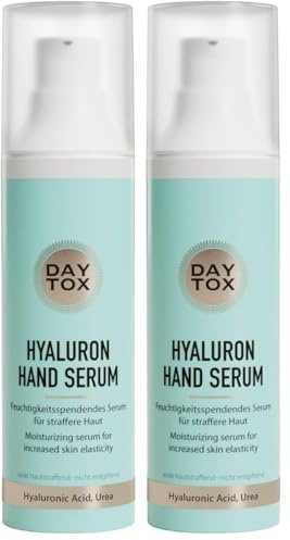 Hyaluron Hand Serum – feuchtigkeitsspendende Handpflege - kurzkettige Hyaluronsäure & Urea – für straffere Haut, erhöht die Hautelastizität - alle Hauttypen, vegan – DAYTOX – 50ml (Packung mit 2)