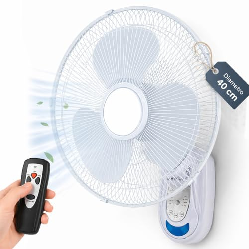 BAKAJI Ventilatore da Parete con Telecomando, 40 cm, 5 Pale, 65 Watt, 3 Livelli di Velocità, Oscillazione Laterale Automatica, Bianco