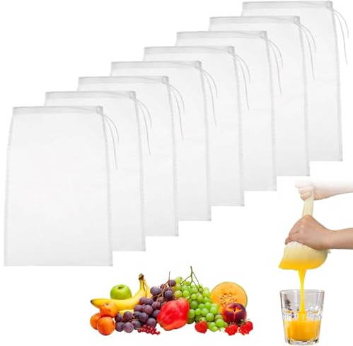 8 Pcs 20x30cm Reusable Fine Mesh Bags, Food-Safe Nylon Cheesecloths for Straining & Muslin Cloths for Cooking, Easy Clean Drawstring Filter Bags for Nut Milk, Yogurt, Juice, Jam, Broth