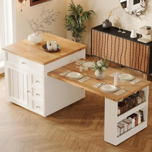 DHHU Îlot Central de Cuisine avec Plan de Travail Extensible de 120 à 184 cm, Table de Bar avec Rangement, 5 Tiroirs, 6 étagères, pour 4 à 6 Personnes, Salle à Manger, Blanc